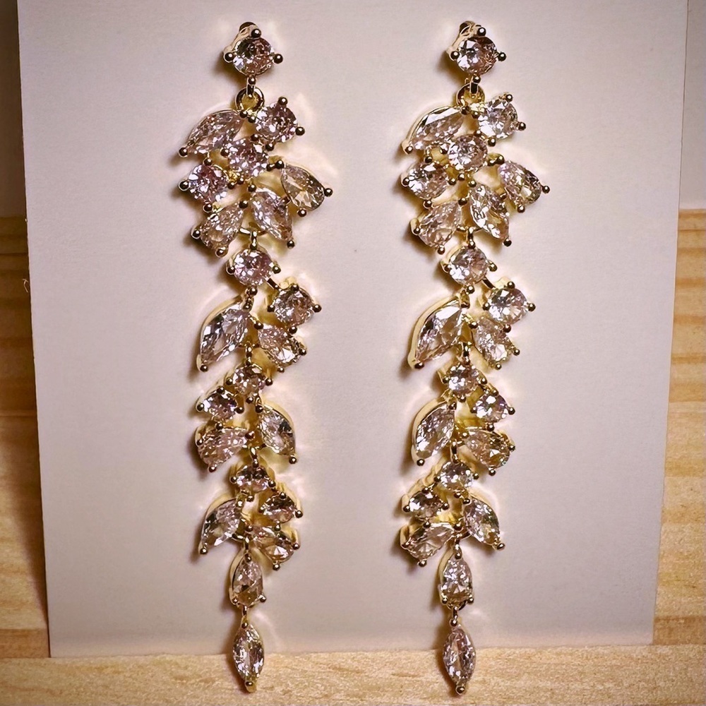 NEW Designer Celeb Inspired Yellow Gold-Plated CZ Leaf Vine Chandelier Earrings